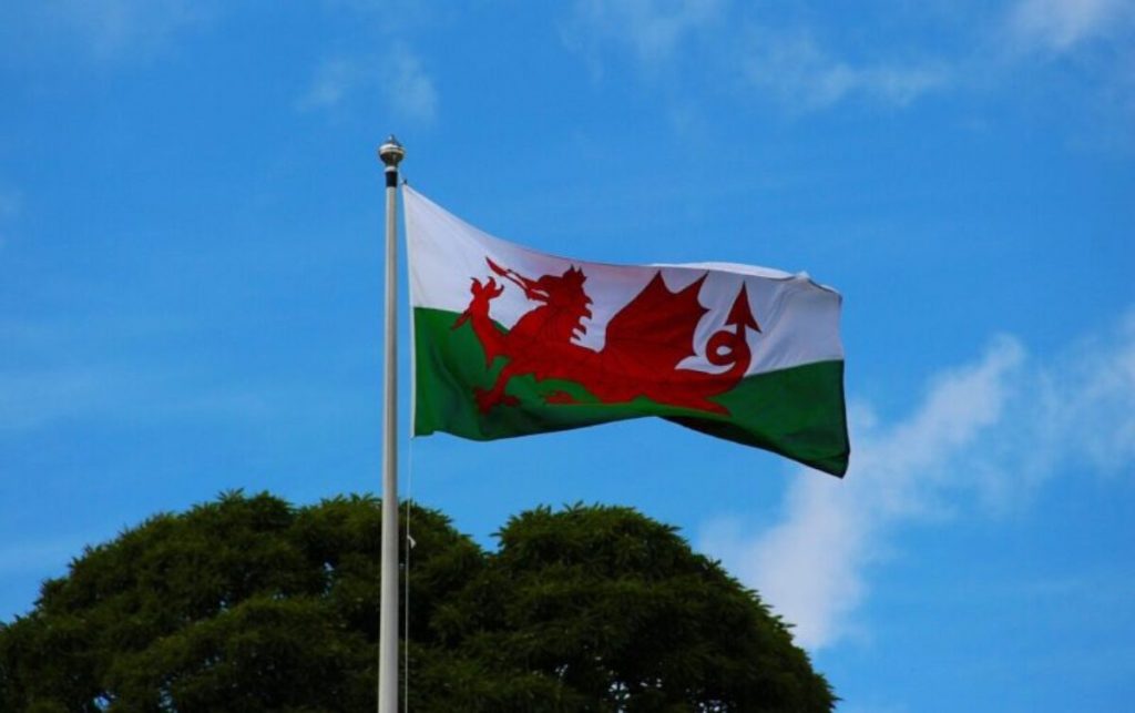 The Welsh flag on a flagpole, with blue sky in the background