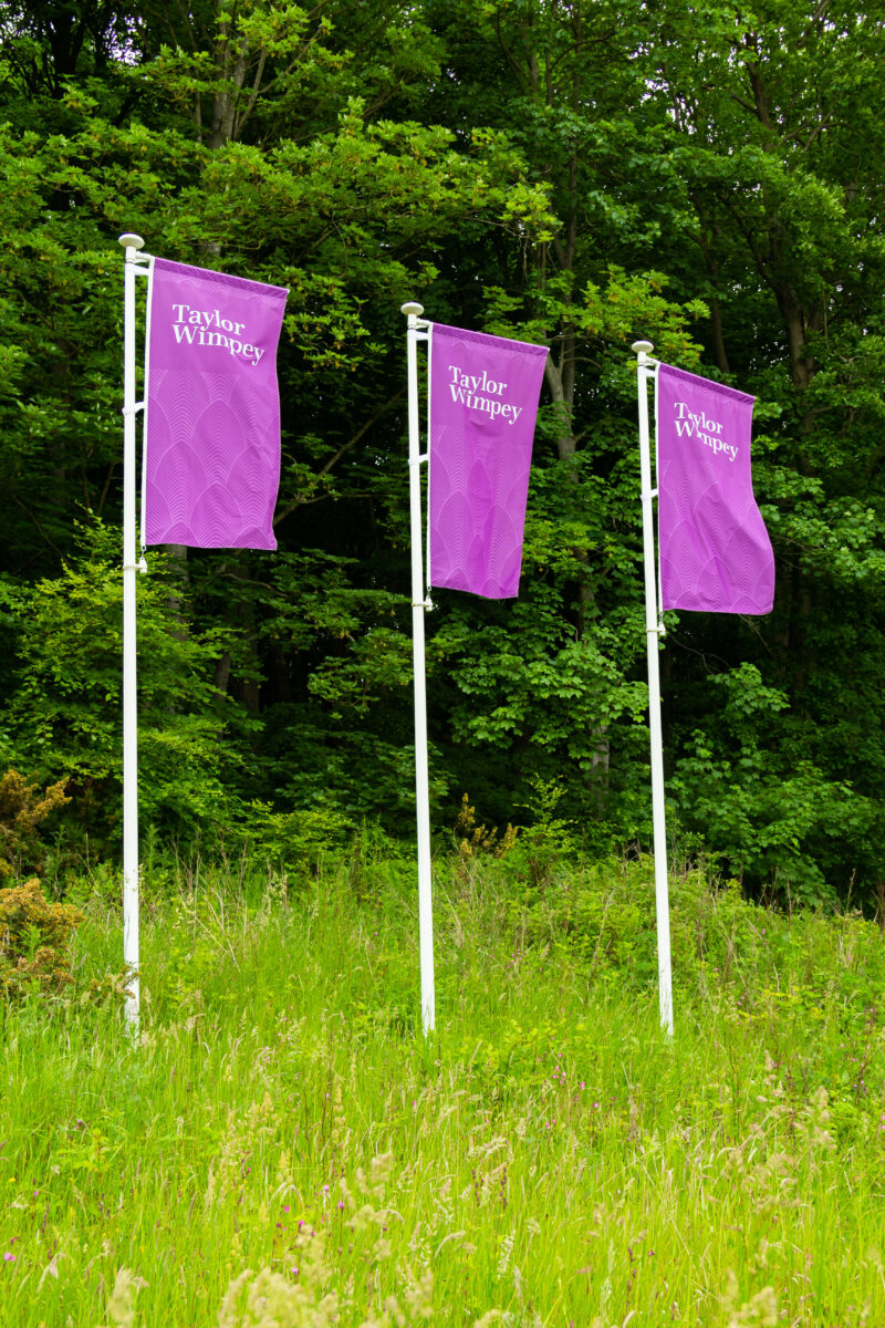 Taylor Wimpey site entrance at Wynyard Manor with three portrait flags