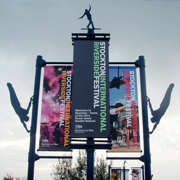 Custom banner poles advertising Stockton Riverside festival